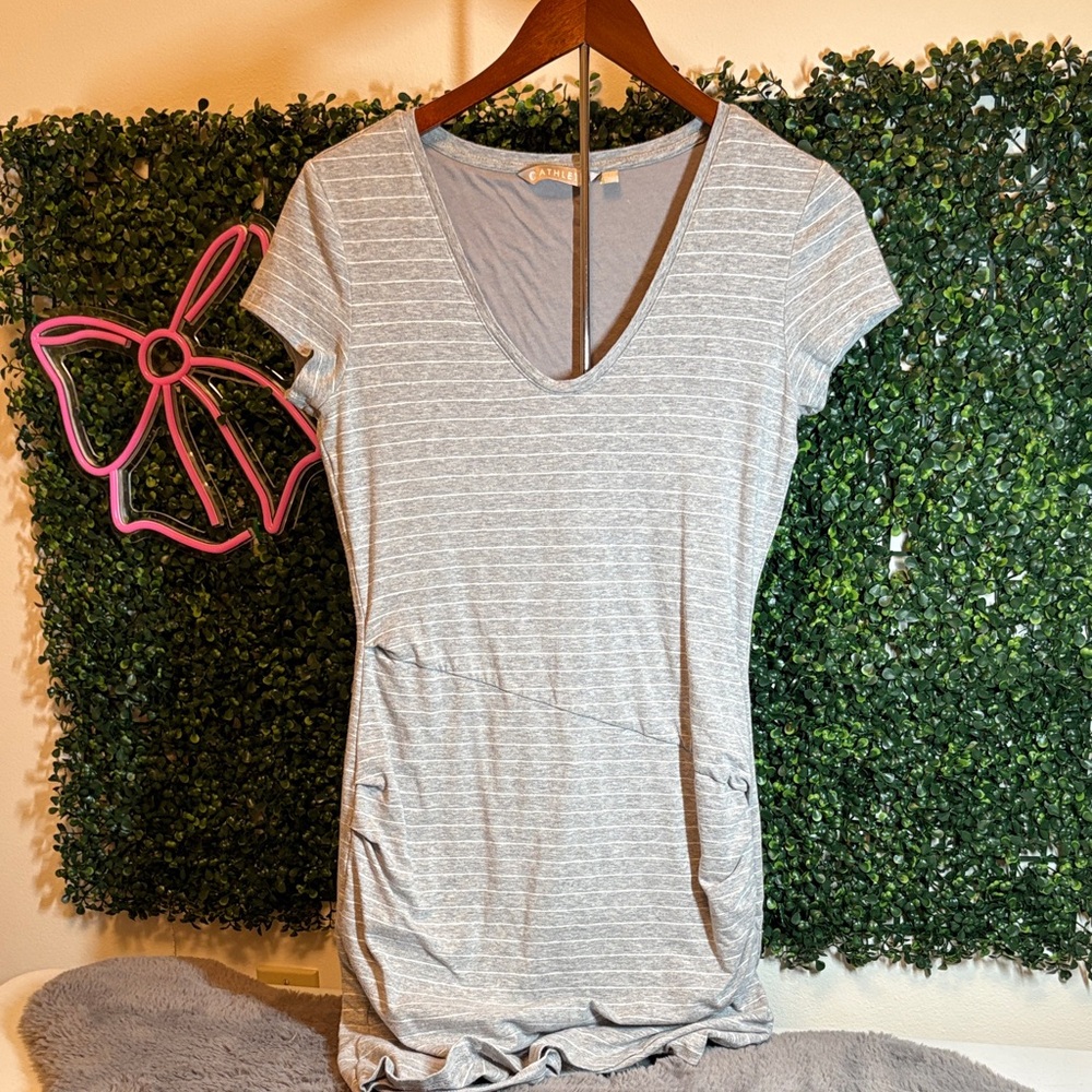 Athleta Light Gray Striped V-Neck Midi Dress